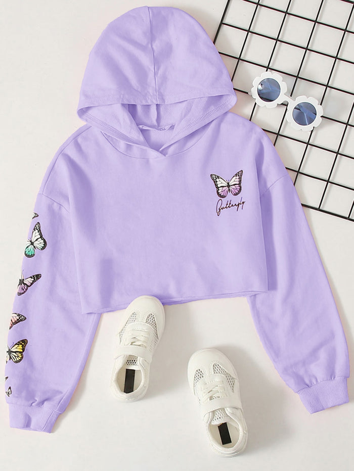 Girls Letter & Butterfly Print Hoodie Lilac Purple