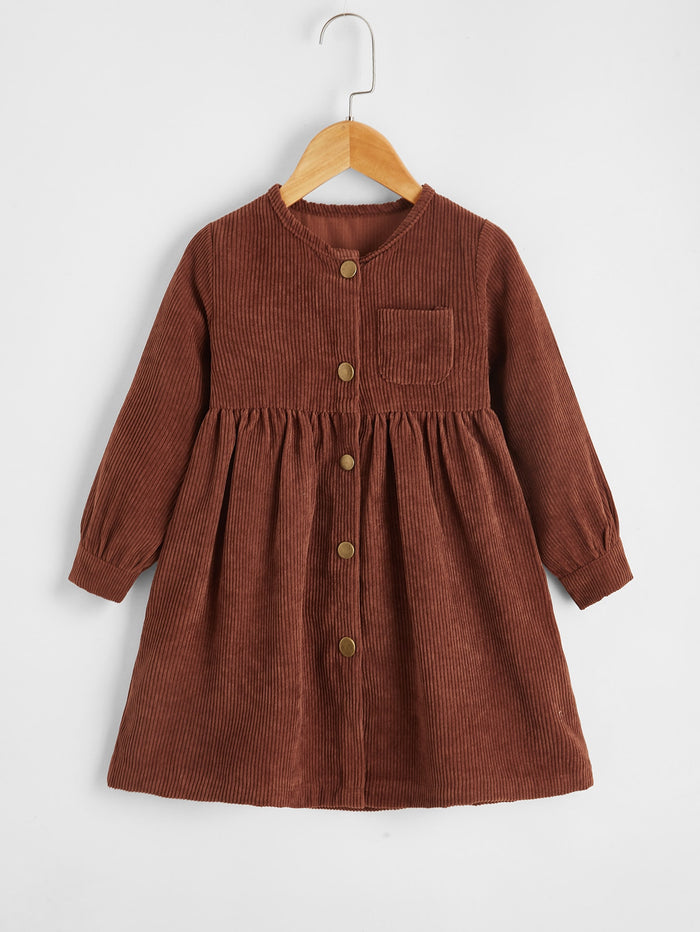 Toddler Girls Button Front Corduroy Smock Dress Rust Brown