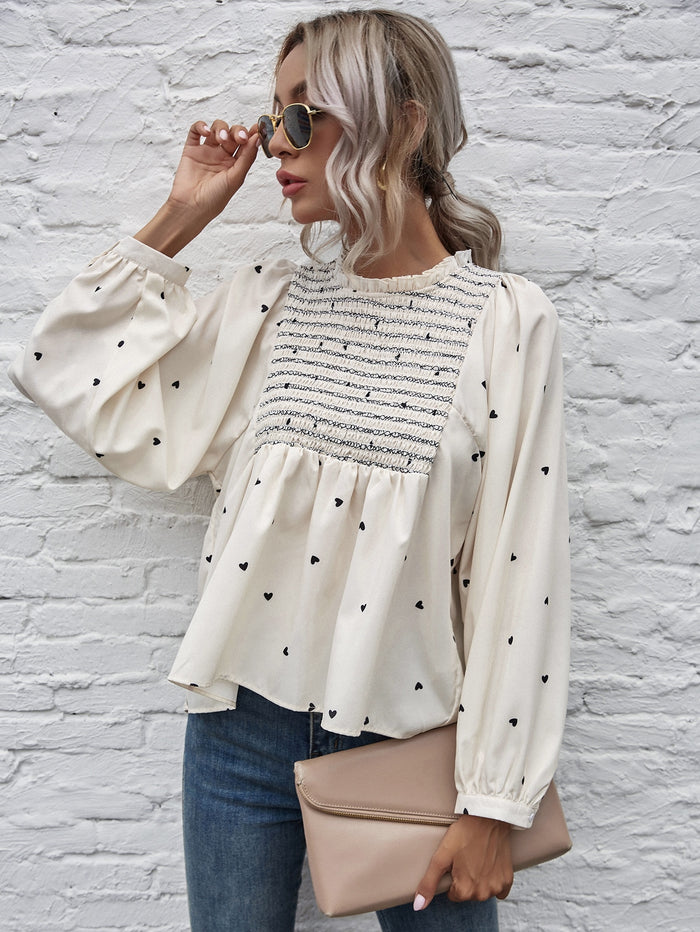 Heart Print Shirred Peplum Blouse