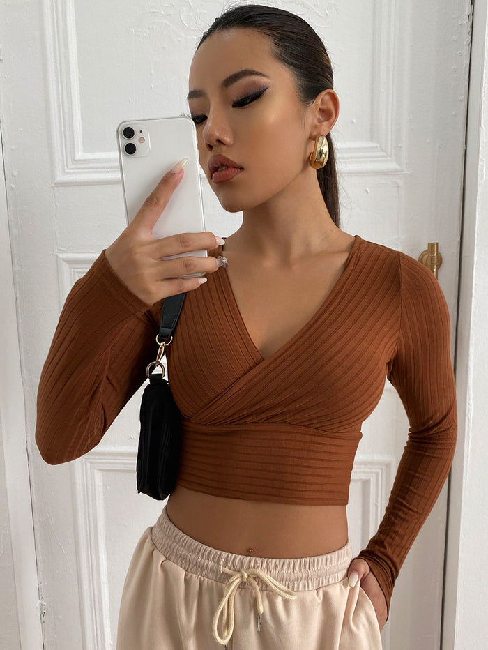 Solid Rib-knit Crop Tee Coffee Brown