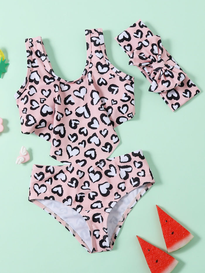 Toddler Girls Heart Print Ruffle Bikini Swimsuit & Headband
