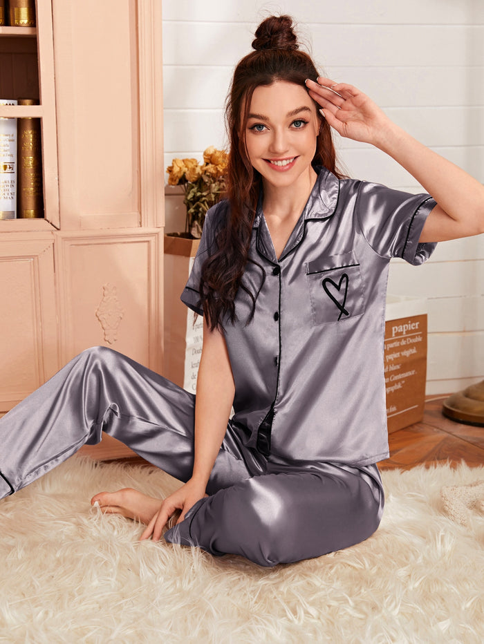 Heart Embroidery Piping Trim Satin PJ Set