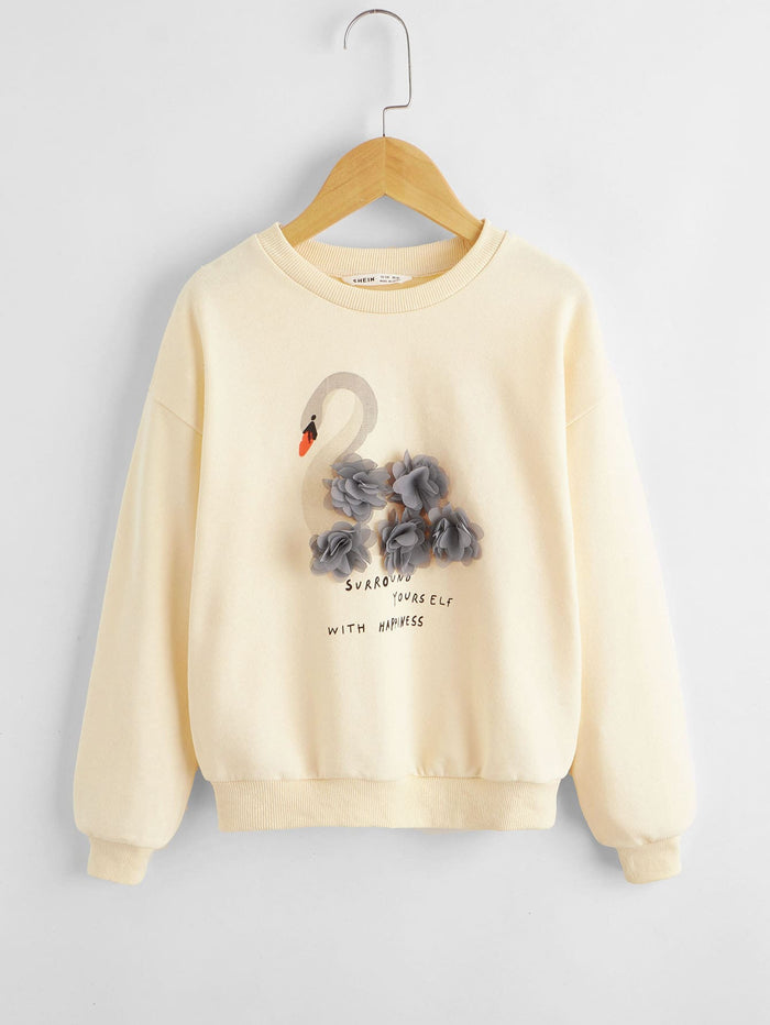 Girls 3D Applique Swan and Slogan Graphic Sweatshirt Apricot