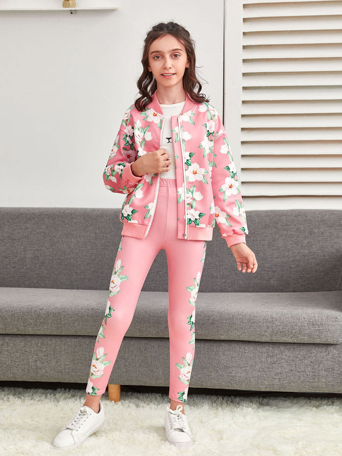 Girls Zipper Front Floral Print Bomber Jacket & Leggings Set Coral Pink