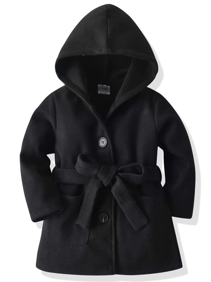 Toddler Girls Pocket Front Belted Hooded Coat Black