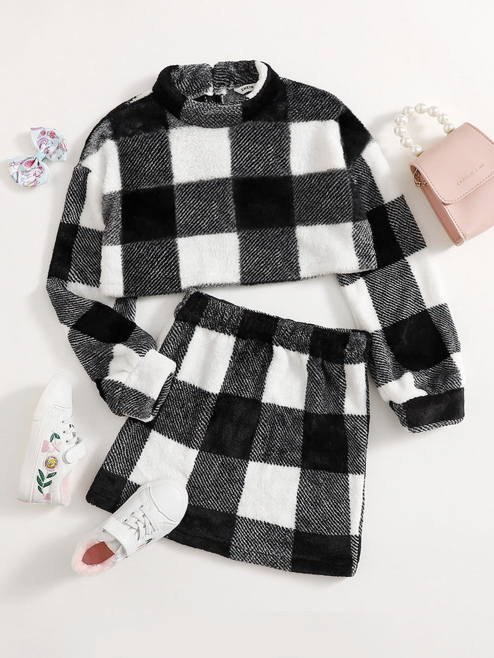Girls Stand Collar Buffalo Plaid Teddy Sweatshirt & Skirt Set