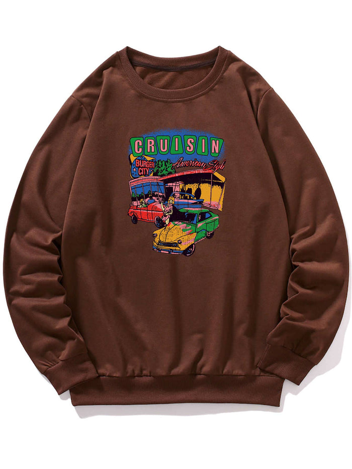 Men Car And Letter Graphic Sweatshirt Chocolate Brown
