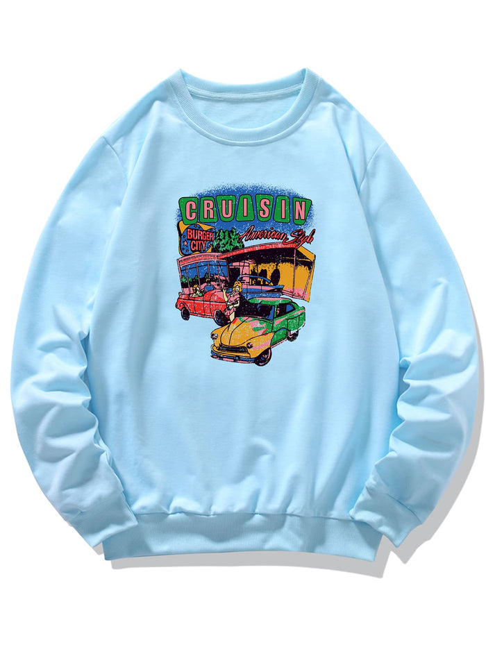 Men Car And Letter Graphic Sweatshirt Baby Blue