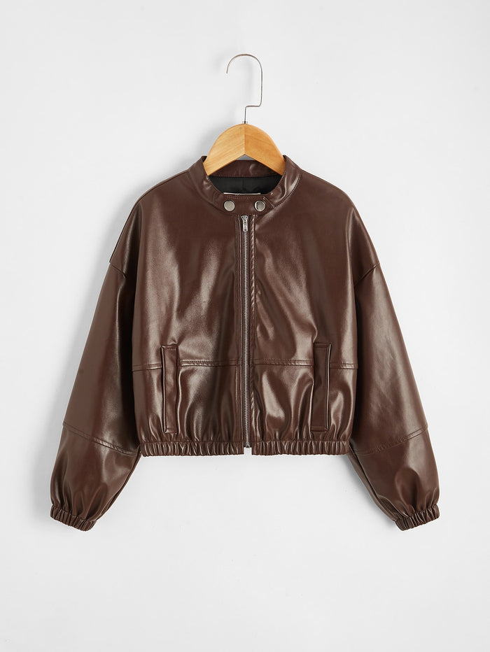 Girls Pocket Front PU Leather Jacket