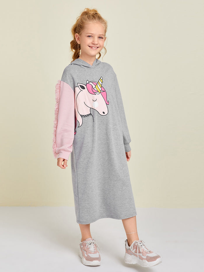 Girls Unicorn Print Fringe Detail Sweatshirt Dress