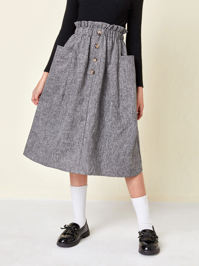 Girls Paperbag Waist Button Front Linen Look Skirt Grey
