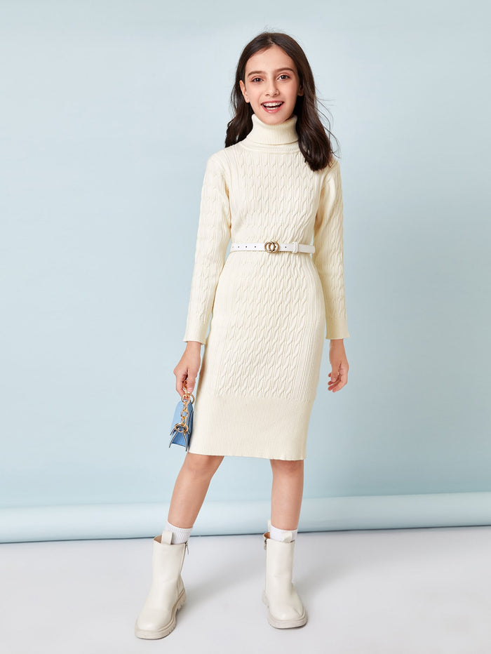 Girls Rolled Neck Cable Knit Sweater Dress Without Belt