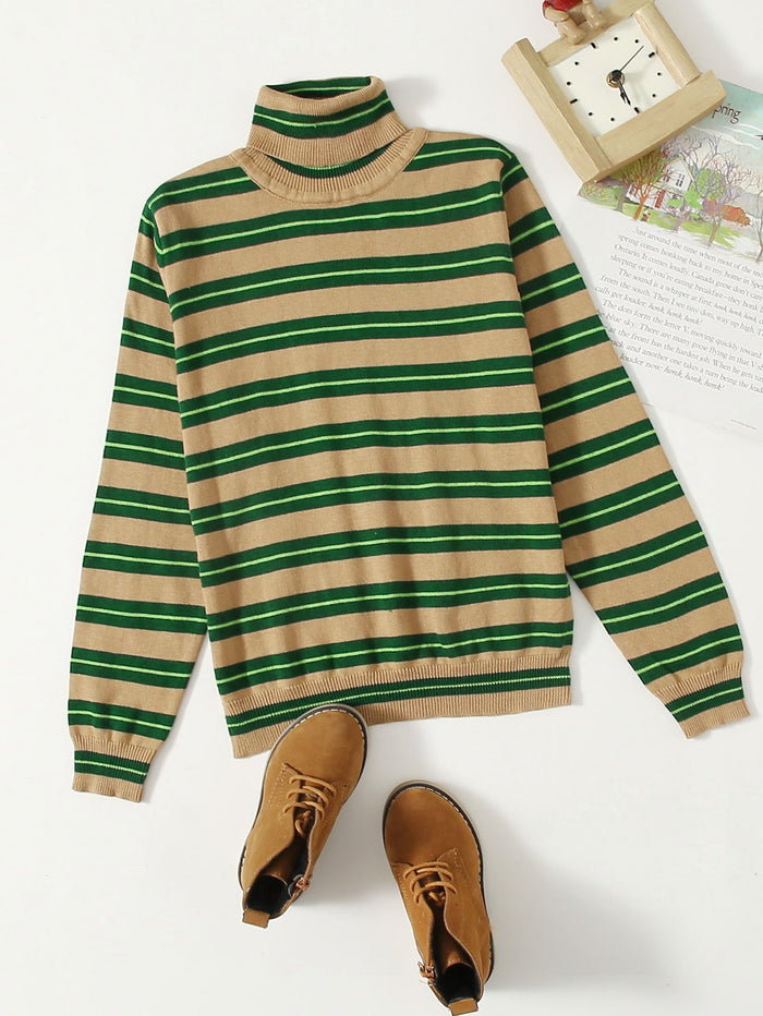Girls Rolled Neck Striped Sweater
