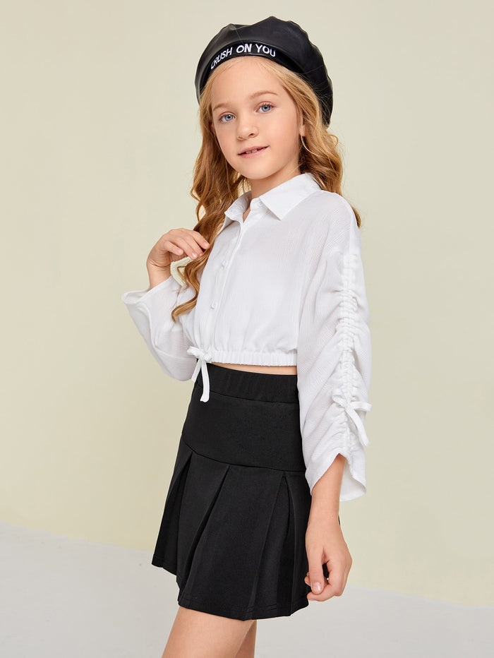 Girls Ruched Sleeve Drawstring Waist Crop Top