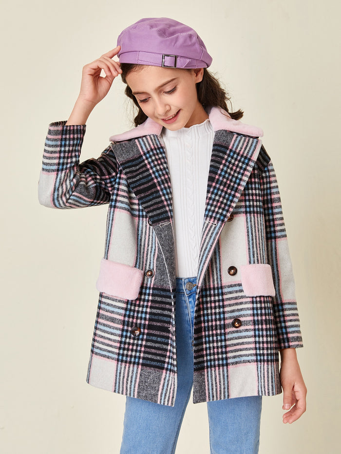Girls Notch Collar Fuzzy Detail Plaid Pea Coat