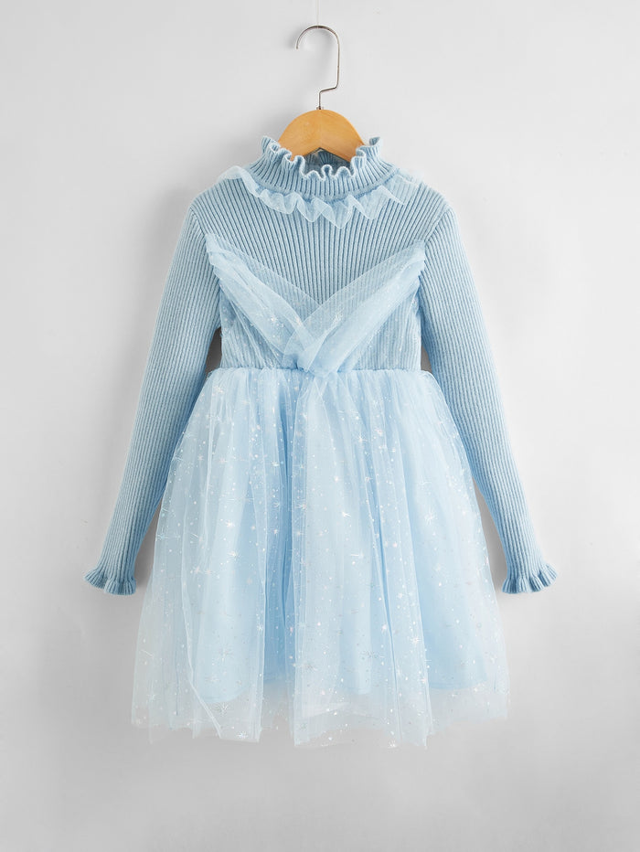 Girls Galaxy Mesh Ruffle Trim Party Dress