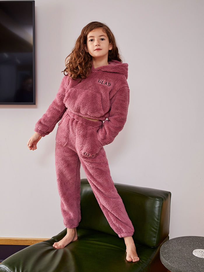Girls Drop Shoulder Letter Embroidery Teddy Hoodie & Pants Set