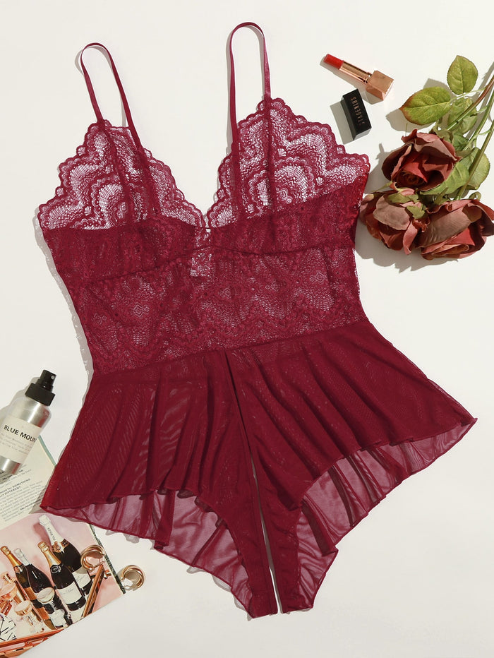 Plus Floral Lace Mesh Crotchless Teddy Bodysuit