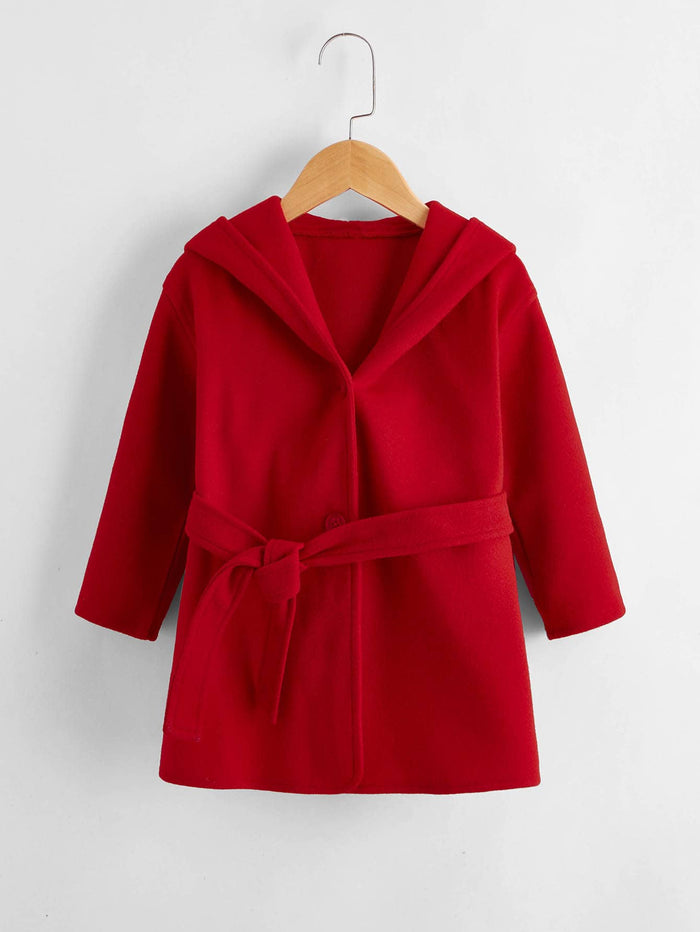Toddler Girls Single Breasted Hooded Belted Coat Red