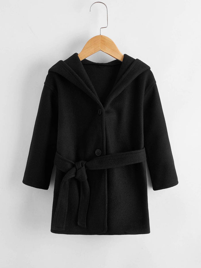 Toddler Girls Single Breasted Hooded Belted Coat Black