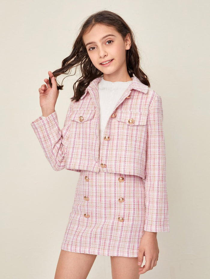 Girls Gold Button Detail Tweed Jacket & Skirt Set