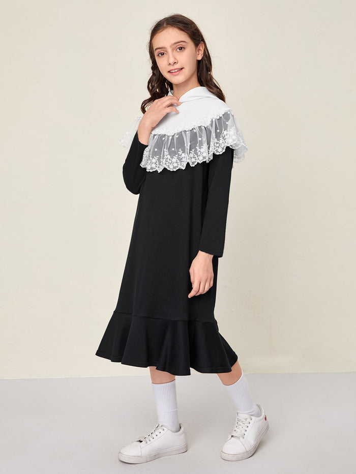 Girls Contrast Embroidery Mesh Detail Ruffle Hem Colorblock Sweatshirt Dress