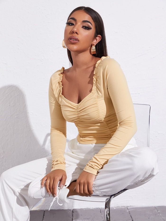 Sweetheart Neck Frill Trim Ruched Top Beige