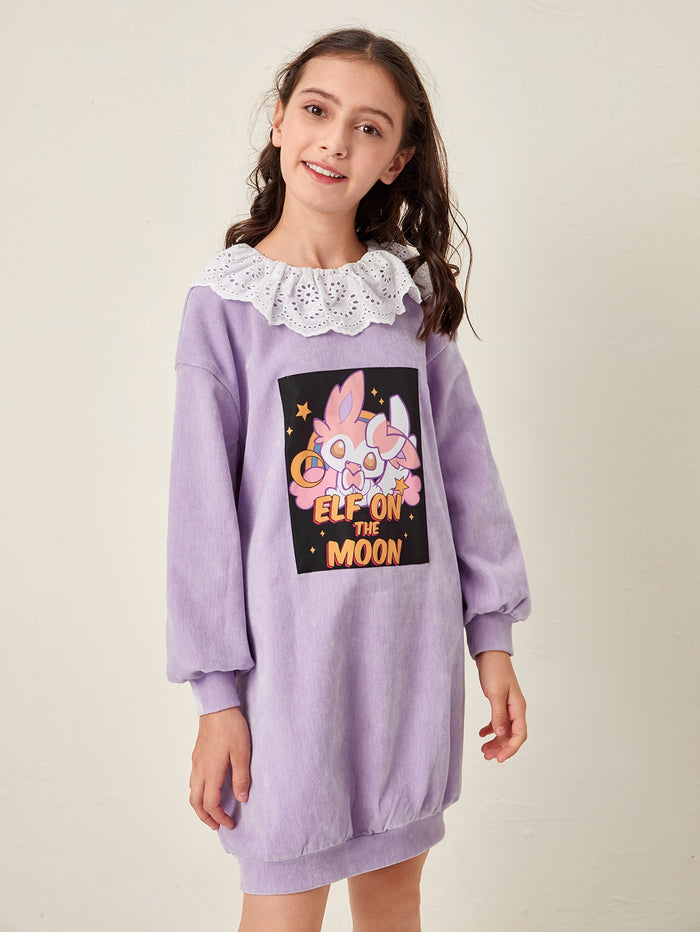 Girls Cartoon Graphic Eyelet Embroidered Ruffle Trim Sweatshirt Dress