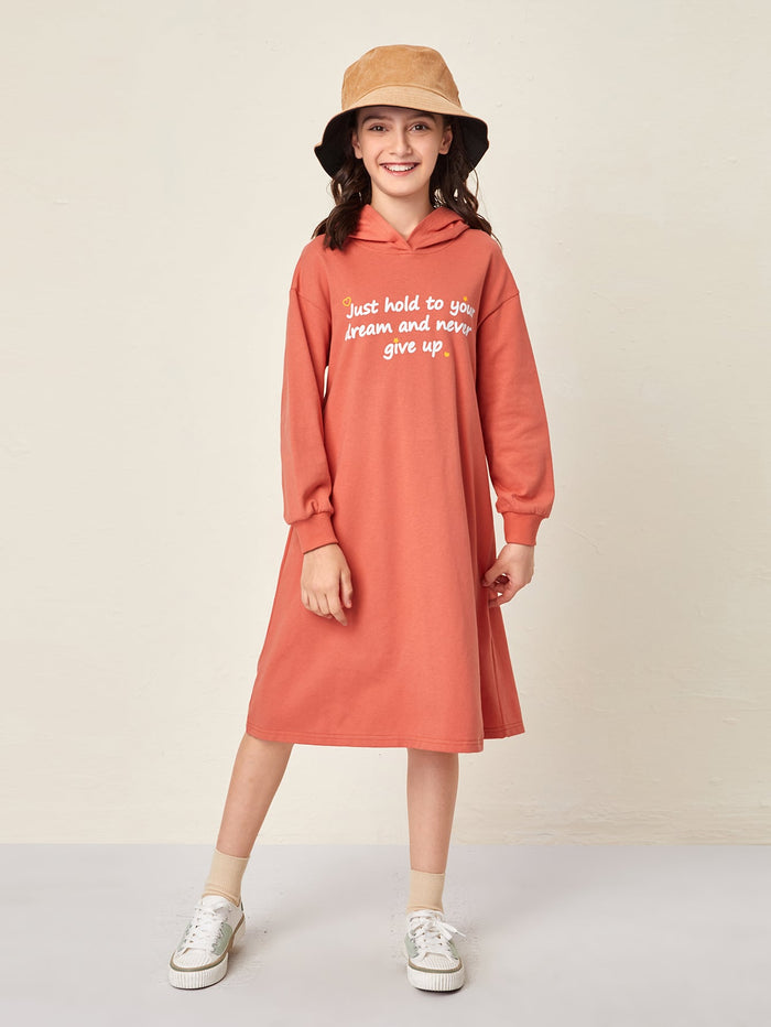 Girls Heart and Slogan Graphic Hooded Sweatshirt Dress Coral Orange