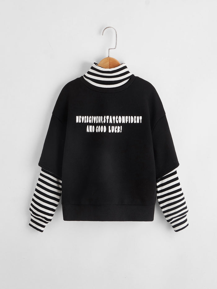 Girls Turtle Neck Striped Trim Slogan Graphic Pullover