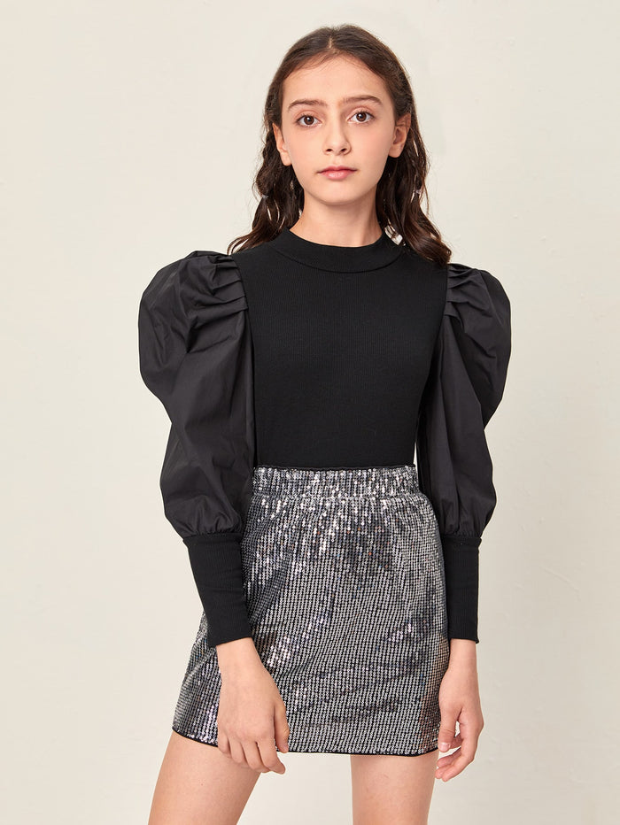 Girls Solid Gigot Sleeve Top