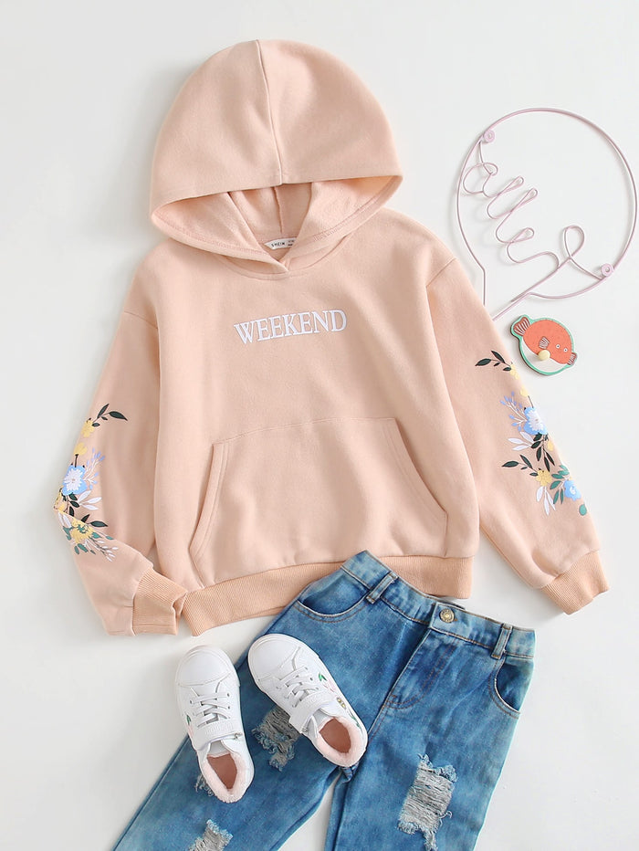 Girls Letter and Floral Print Pocket Front Hoodie
