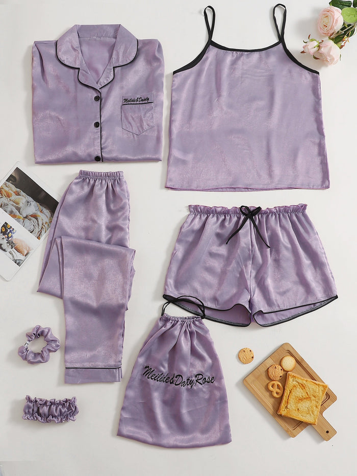 7pcs Letter Embroidered Cami PJ Set With Shirt Mauve Purple