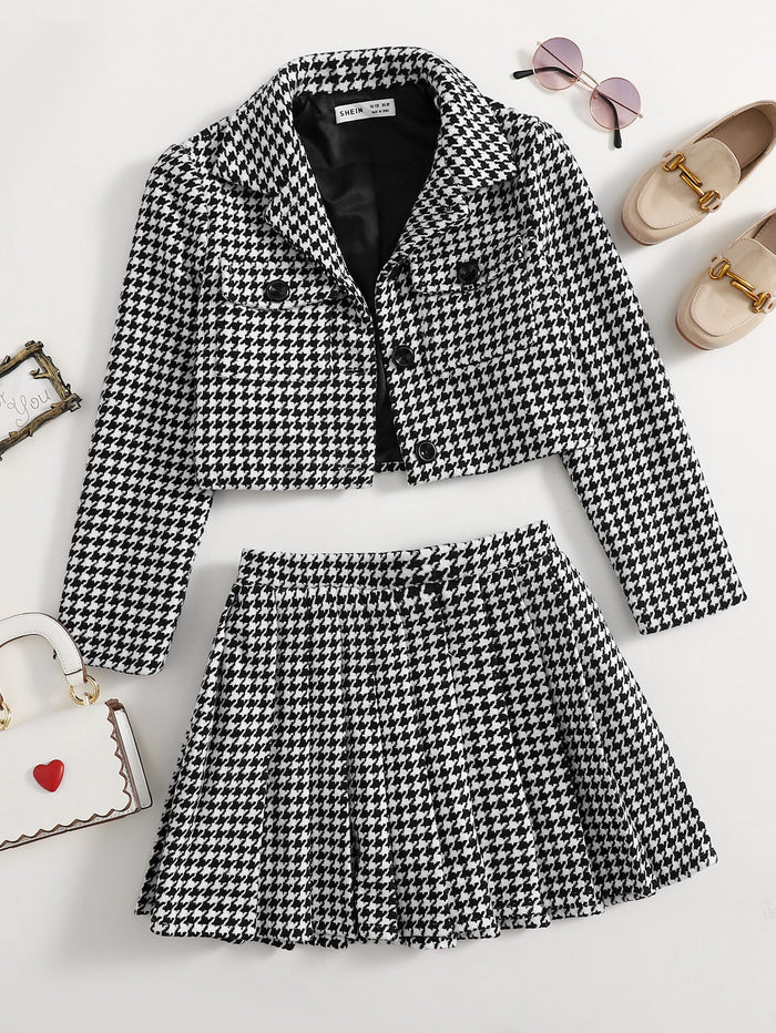 Girls Flap Pocket Front Houndstooth Jacket and Pleated Skirt Set