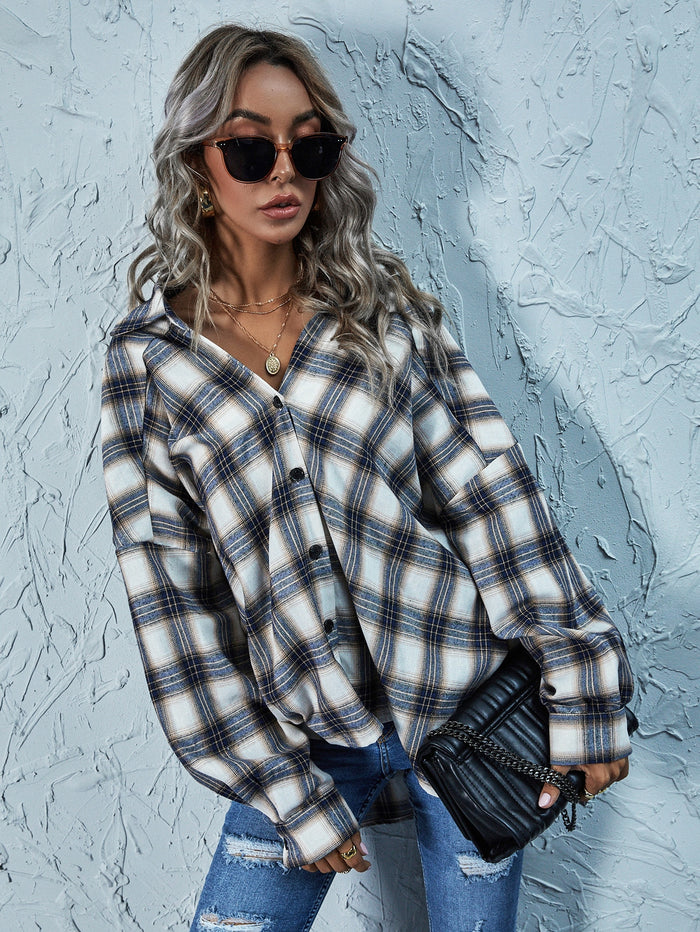 Oversized Button Up Plaid Blouse