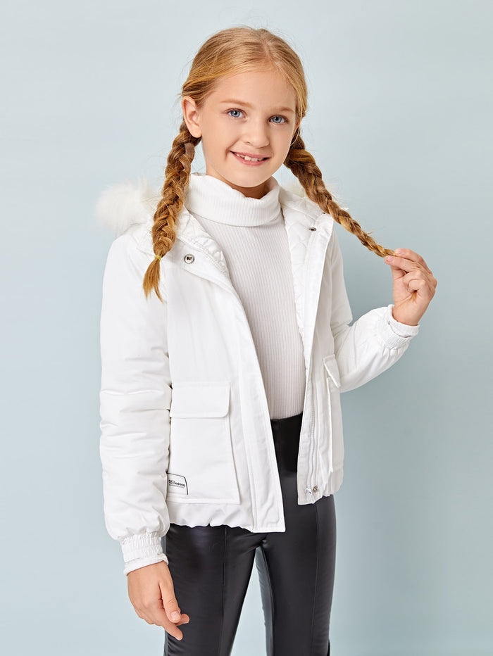 Girls Fuzzy Trim Flap Pocket Front Puffer Jacket