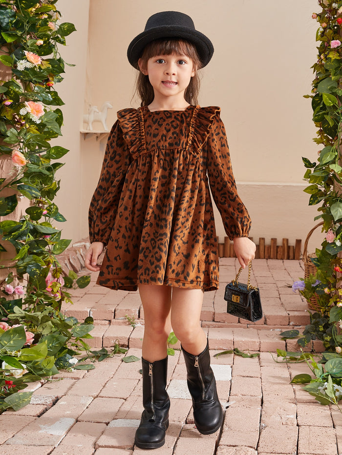 Toddler Girls Leopard Print Ruffle Trim Corduroy Dress