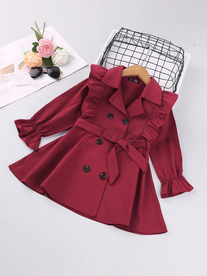 Toddler Girls Double Breasted Ruffle Trim Belted Trench Coat Rose Red