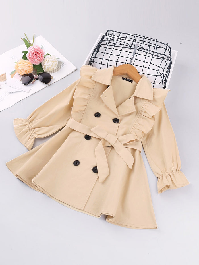 Toddler Girls Double Breasted Ruffle Trim Belted Trench Coat Khaki