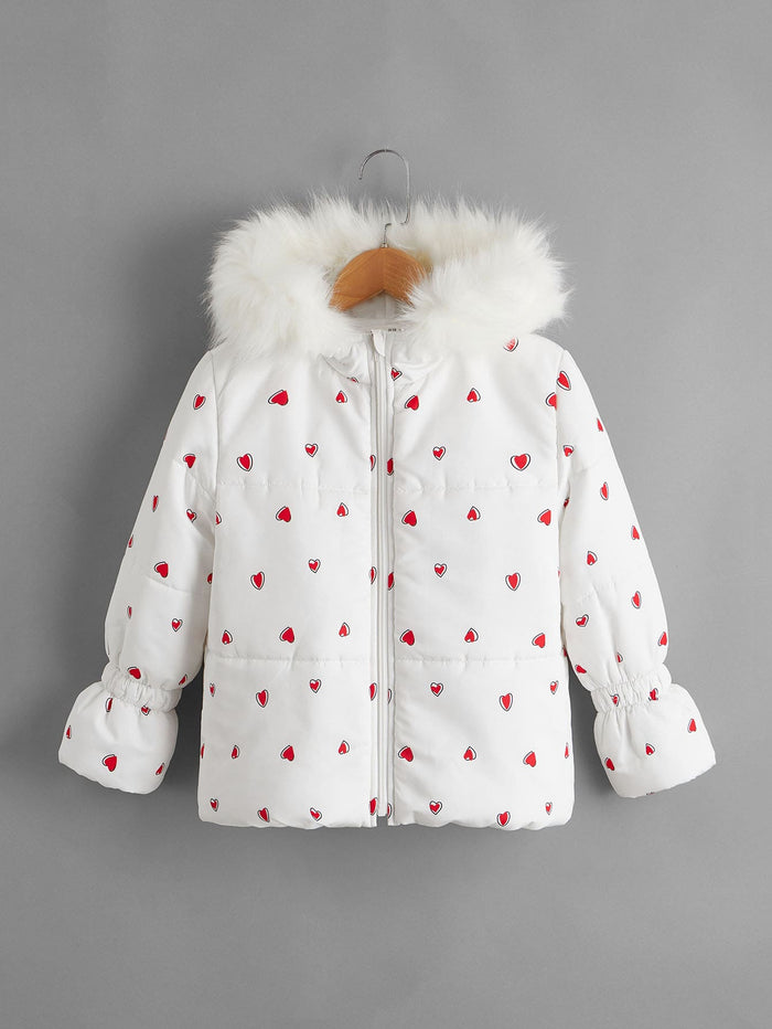 Girls Fuzzy Trim Flounce Sleeve Heart Puffer Jacket