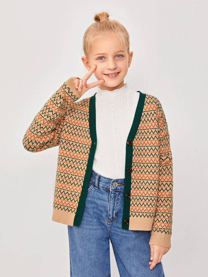 Girls Contrast Trim Chevron Pattern Button Placket Cardigan