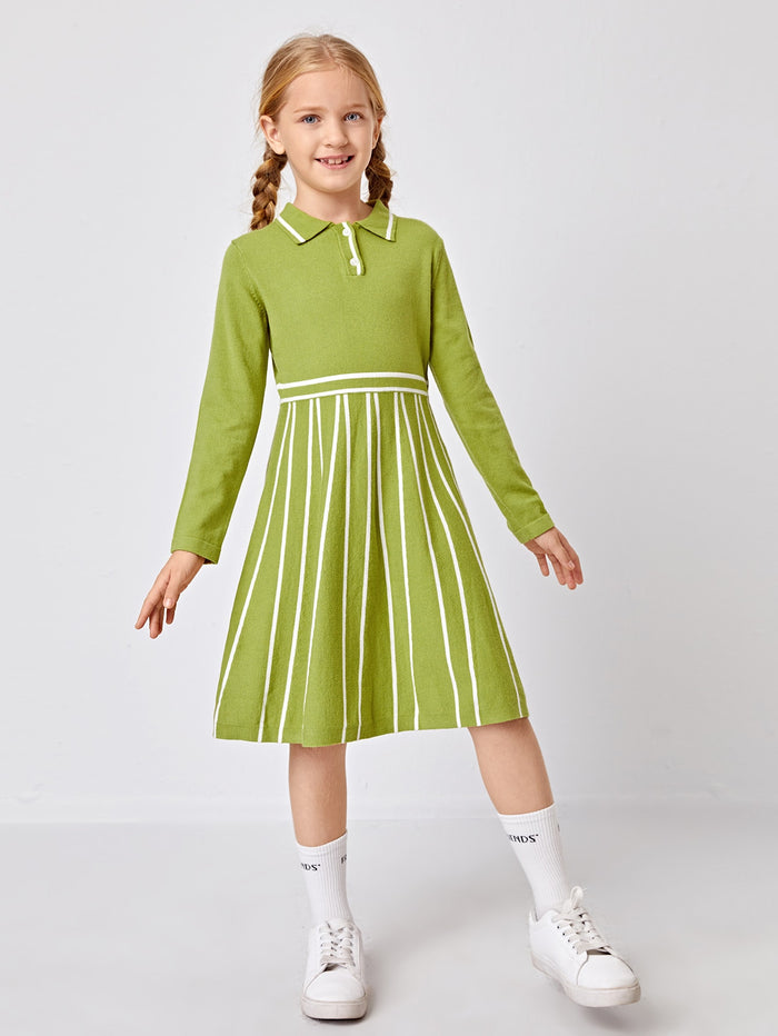 Girls Collared Buttoned Front Striped Sweater Dress