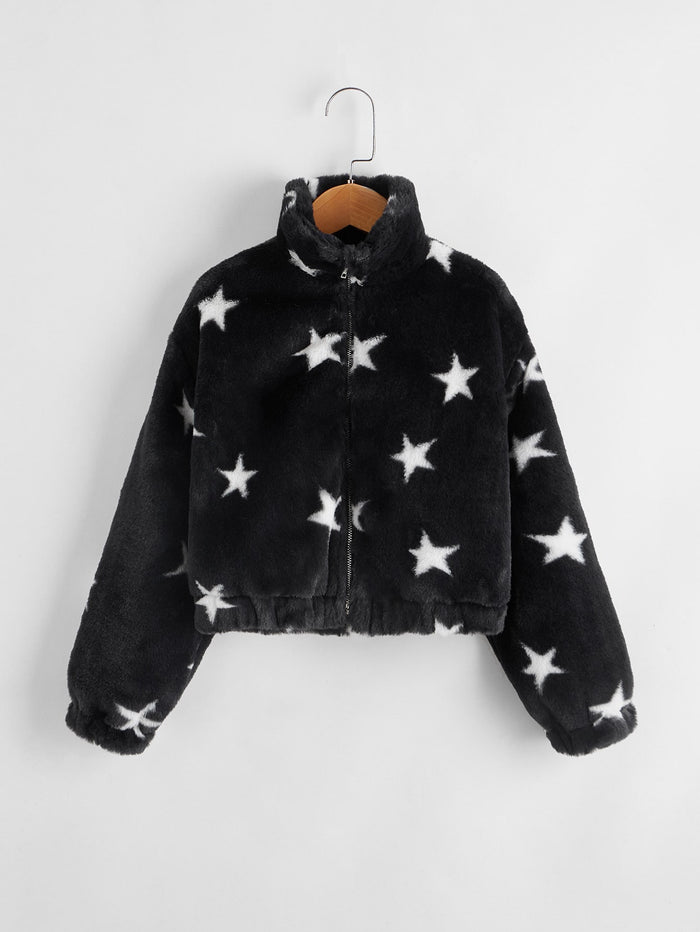 Girls Star Pattern Fuzzy Coat