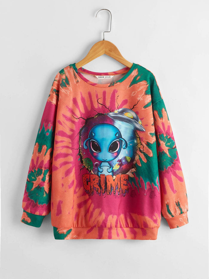 Girls Alien and Letter Graphic Tie Dye Pullover Multicolor