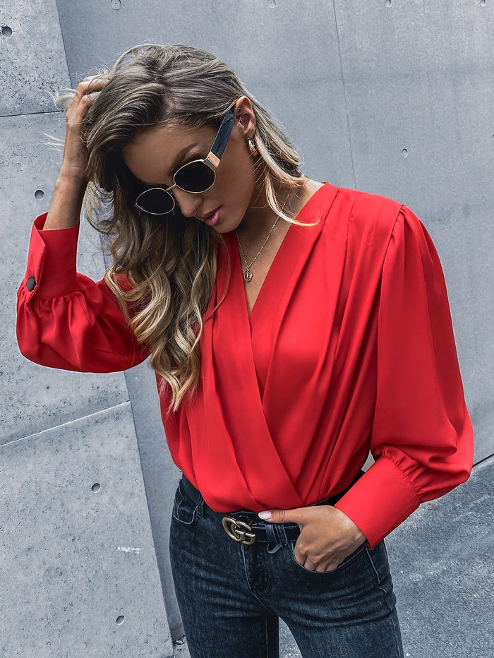 Solid Surplice Front Bodysuit Red
