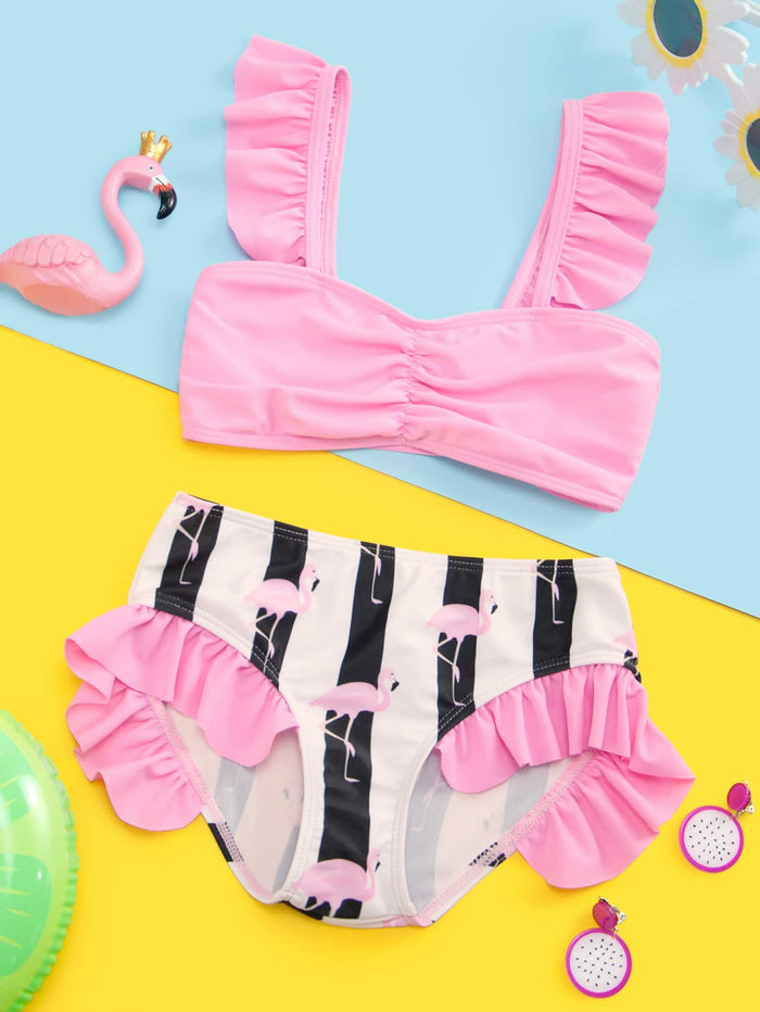 Toddler Girls Flamingo & Striped Ruffle Bikini Swimsuit Multicolor