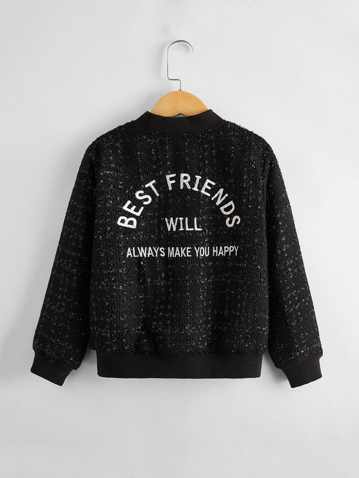 Girls Slogan Embroidery Tweed Bomber Jacket