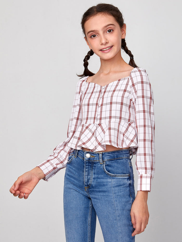 Girls Plaid Button Front Ruffle Hem Peplum Top
