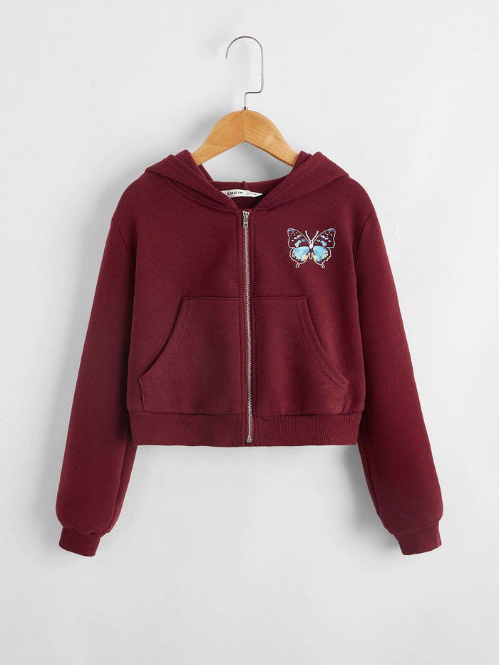 Girls Butterfly Print Zip Up Hoodie Maroon