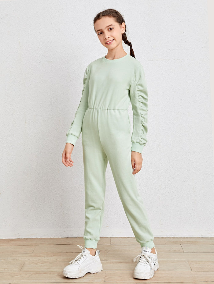 Girls Ruched Sleeve Solid Sweatshirt Jumpsuit